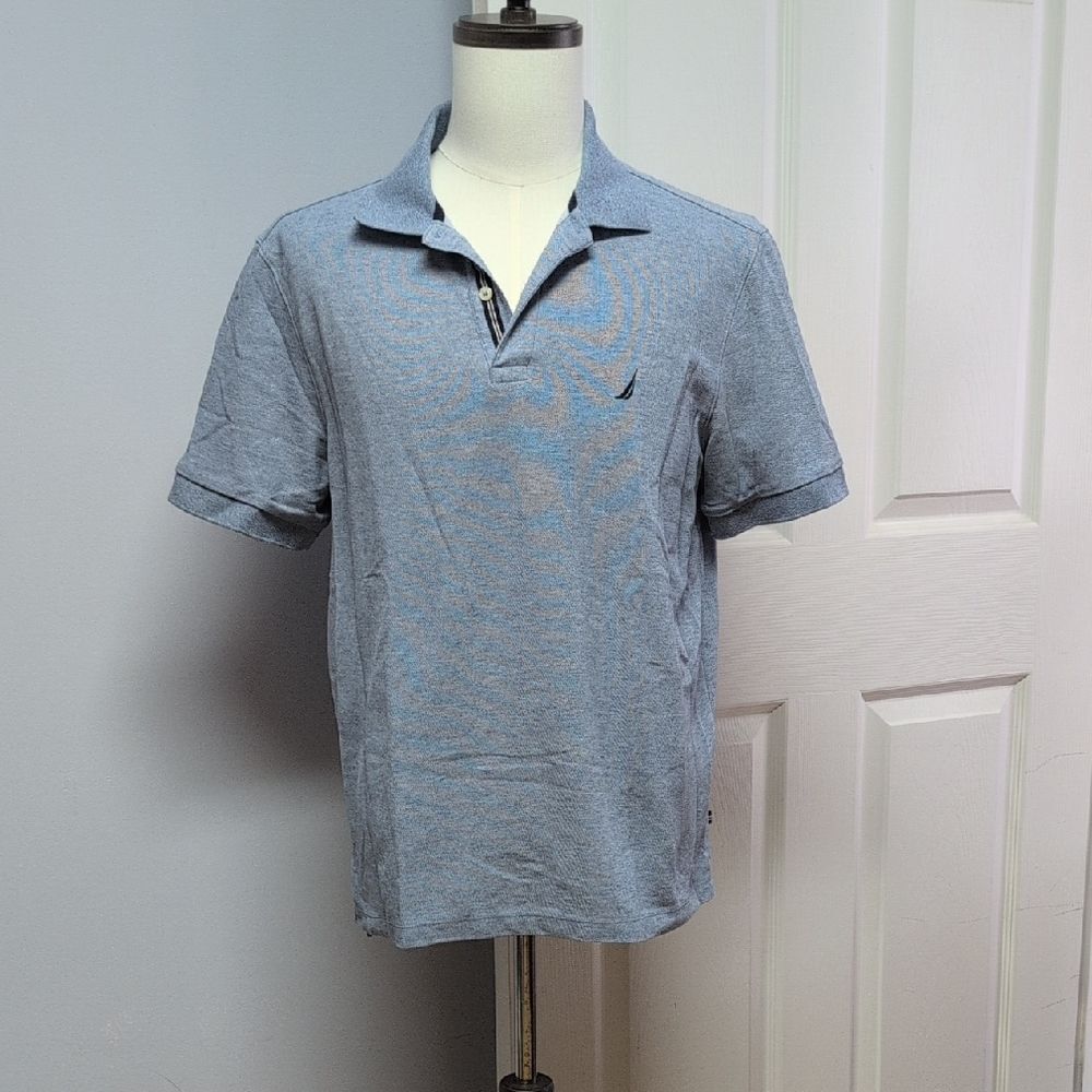 Nautica Performance Deck Shirt Blue Heathered Cotton Blend Polo Size L
